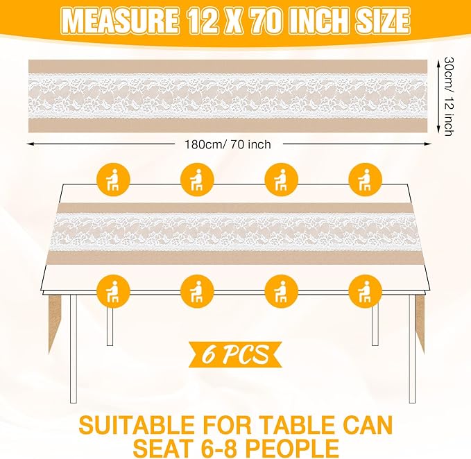 Xinnun 6 Pack Burlap Table Runner with Warm LED Lights,Rustic Lace Wedding Table Decor,Boho Farmhouse Jute Runner for Reception Bridal Shower Party(Funny,12x70 Inches)