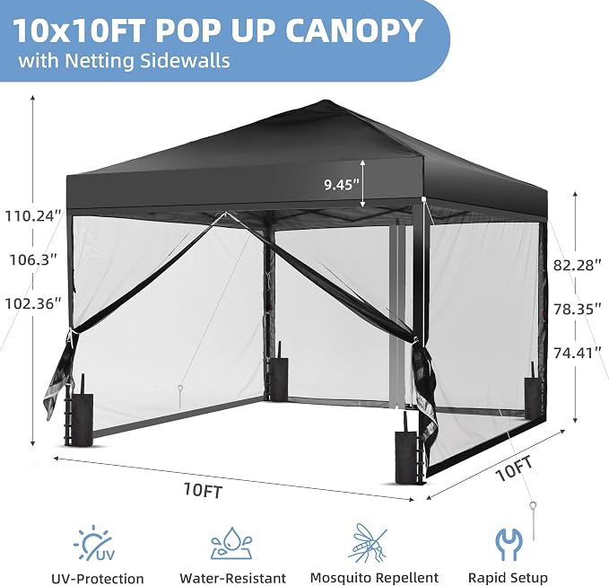 GDY 10x10 Pop up Canopy Tent with Mosquito Netting, Easy up Gazebo for Patio, Camping and Garden, Includes 4 Sandbags, Black