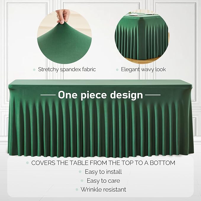6 Packs Green Table Clothes for 8 Foot Rectangle Tables, Wrinkle Resistant Stretch Spandex Table Covers Fitted Tablecloth with Skirt for Easter Event Banquet Wedding Birthday Party