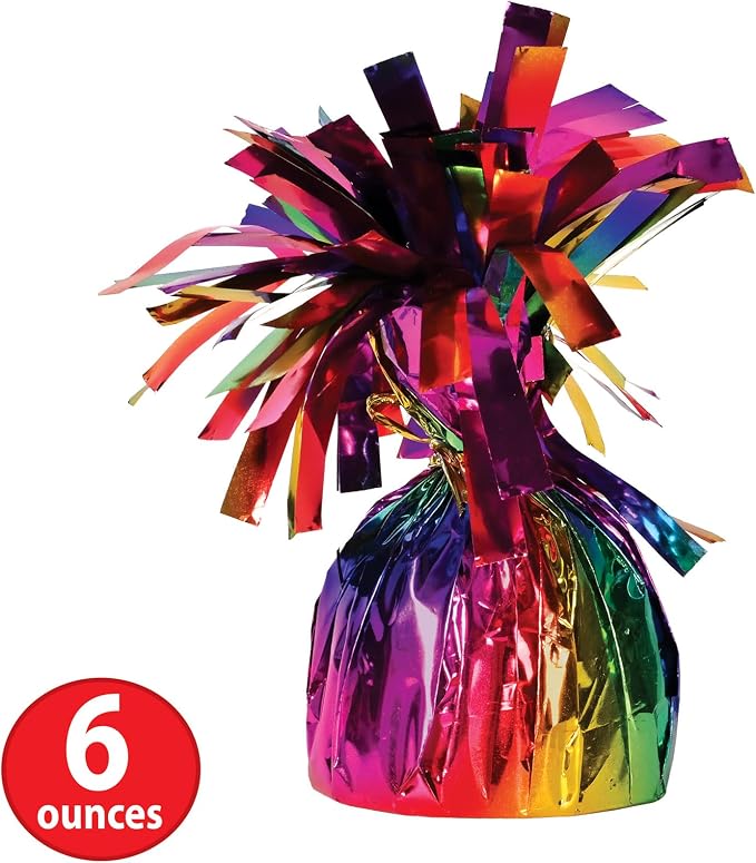 Beistle 6 Piece Rainbow Metallic Plastic Wrapped Balloon Weights for Birthday Parties, Colorful Celebrations and Events, Table Decorations for Any Theme, 6 Oz