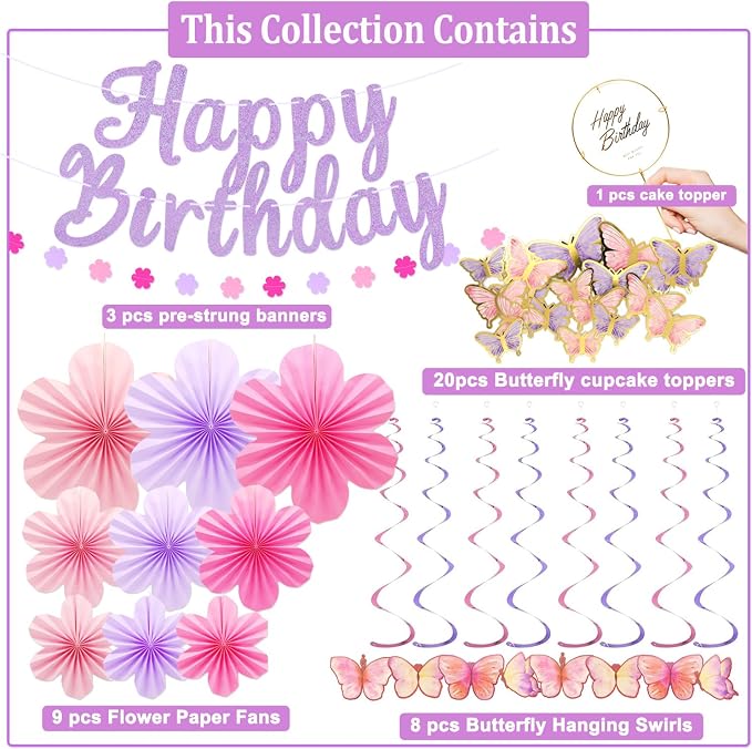 Butterfly Birthday Decorations Party Supplies with Pre-strung Happy Birthday Banner,Flower Garland,Cake Cupcake Toppers Stickers,Hanging Swirls, Paper Fan Spring-themed Decor Pack for Women Girls