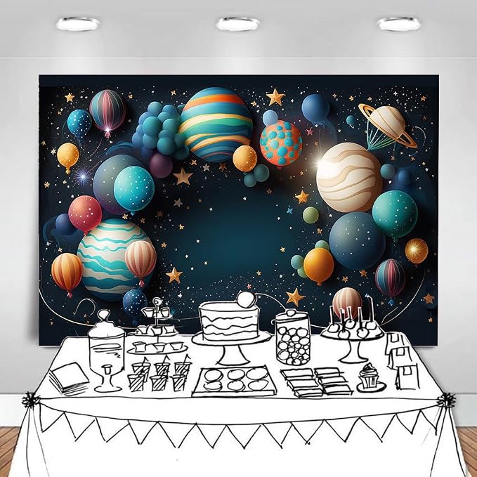 7x5ft Planetary Solar System Backdrop Outer Space Theme Photography Background for Astronaut Baby Kids Birthday Party Cake Smash Decoration Banner