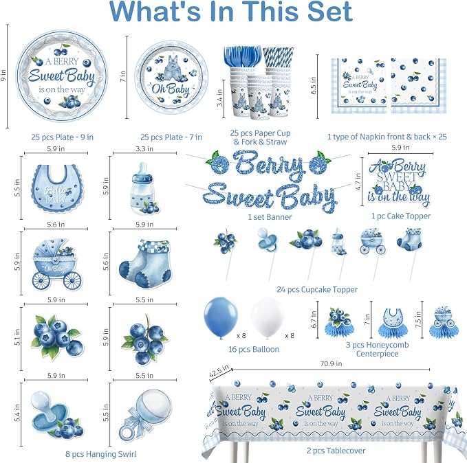 Blueberry Baby Shower Decorations, 212 Pcs Blue Berry Sweet Banner, Balloons, Plates and Napkins Set, Tablecloth Berry Sweet Blueberry Themed Baby Shower Party Decorations Supplies