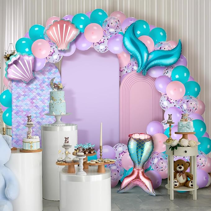 Foilswirl 34 Pieces Mermaid Birthday Party Decorations 4ft 5ft 6ft Mermaid Arch Backdrop Covers Spandex Arch Backdrop Cover Pink Purple Seashells Balloons for Summer Birthday Party