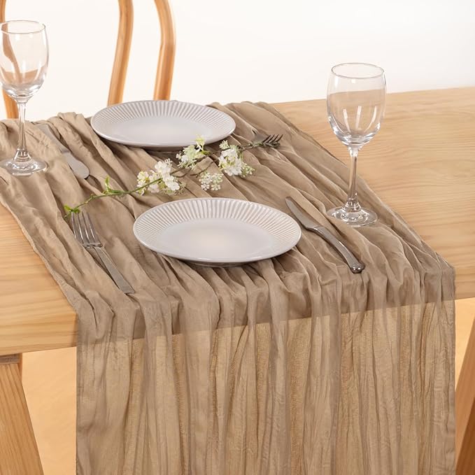 MLMC 3 Pack Nude Cheesecloth Table Runner 10ft Boho Rustic Gauze Taupe Cheese Cloth Table Runner Neutral Decor 35x120 Inches for Wedding Reception Outdoor Party Decor