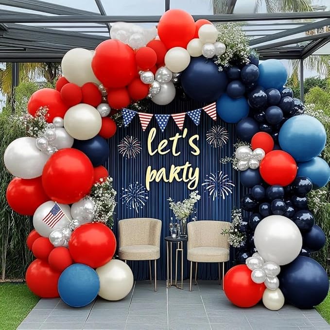 Navy Blue Red White Balloon Arch, Double Stuffed Royal Blue Red Pearl White Sand Balloon Garland Kit for Birthday Graduation Baby Shower Patriotic Nautical Baseball 4th of July Party Decor