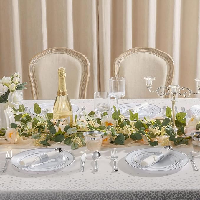 Goodluck 352 Piece Silver Plastic Dinnerware Set for 50 Guests, Disposable Plates for Party Include: 50 Dinner Plates 50 Dessert Plates, 50 Pre Rolled Napkins with Silverware, 50 Cups, 2 Tablecloth