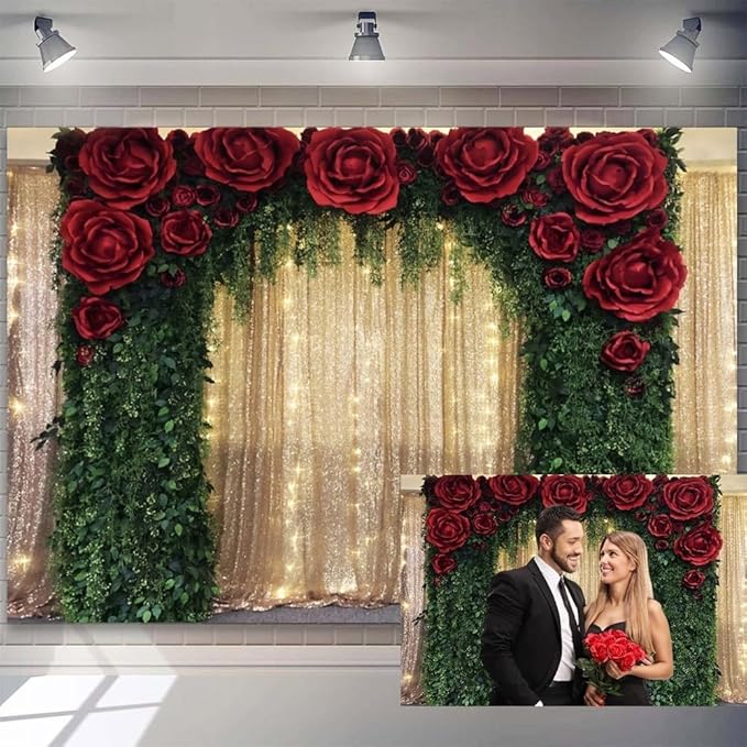 8x6ft Golden Glitter Backdrop for Photography Red Rose Green Leaves Arch Gold Sequin Photography Background for Wedding Anniversary Engagement Party Decoration Supplies Portrait Photo Booth Props