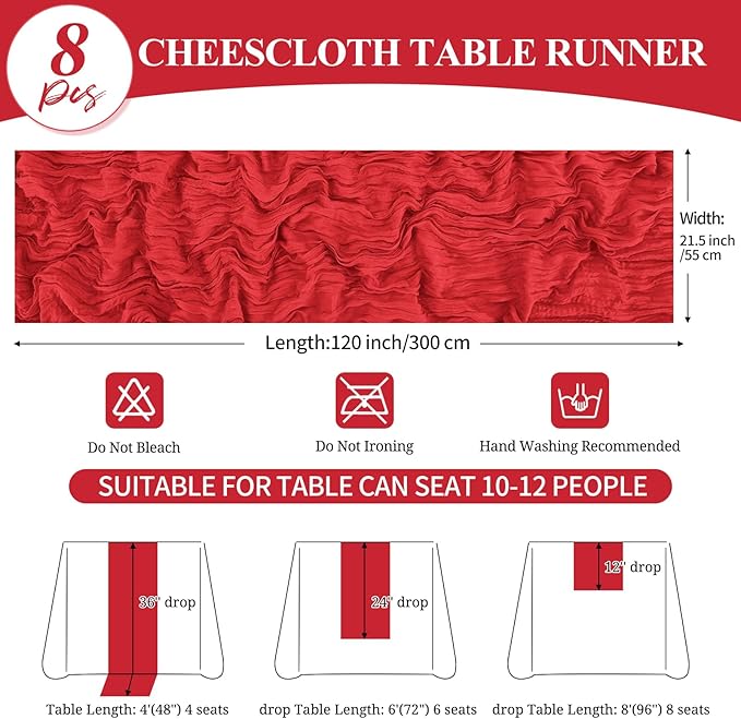 8 Pack 10Ft Cheesecloth Table Runner Red, 20 x 120 Inch Rustic Gauze Boho Cheese Cloth Wedding Long Table Runner for Wedding Party Bridal Shower Decoration