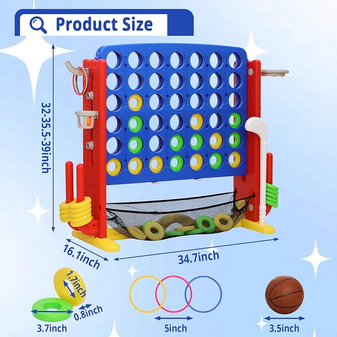 Giant 4-in-A Row Connect Game Set, Height Adjust Jumbo Yard Game for Kids & Adults w/Mesh Catching Bag, Basketball Hoop, Ring Toss & Mini Golf, Family Party 4-to-Score Indoor/Outdoor Games