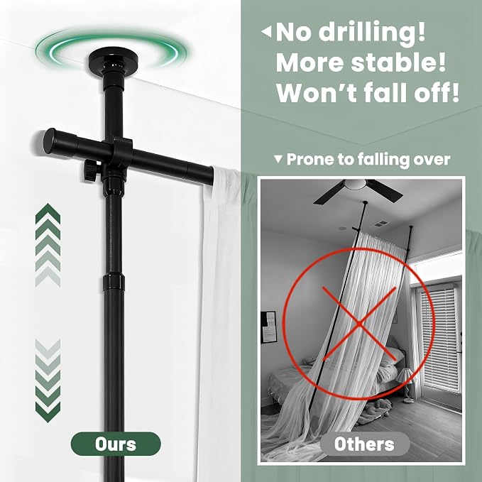 Jilron Room Divider Curtain Rod Tension Rod No Drilling, Adjustable Height, Quick Setup for Rental, Dorm, Bedroom, Office(Black - W72-200 × H43-120 in)