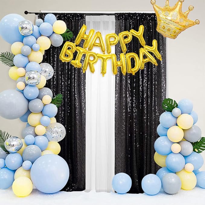 PartyDelight Black Sequin Backdrop Curtains 2x8ft 2 Panels | 3mm stitched sequin curtain with 4 inch rod pocket for 2x8ft 2 panel doorway window side drape narrow photo booth strip
