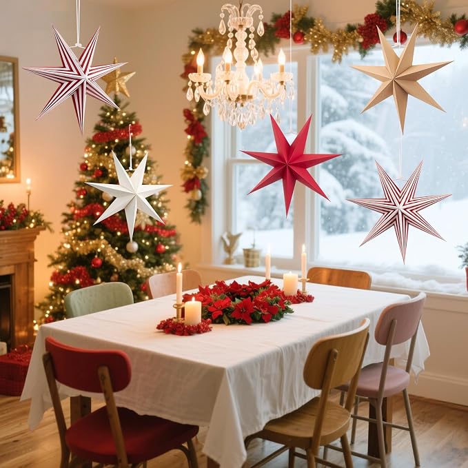 SUNBEAUTY Paper Stars Christmas Party Decorations, 5PCS 6-Pointed Paper Star Hanging Decoration Set Holiday Decor Stars Shape Landerne for Birthday Party Tree Xmas Home Decor