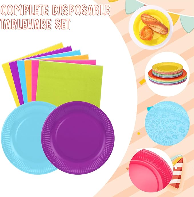 Geosar 240 Pieces Rainbow Party Tableware 60 Set Colorful Paper Plates and Napkins 9oz Paper Cups Complete Pack Disposable Dinnerware Set for Rainbow Birthday Party Decorations Supplies (Rich Color)