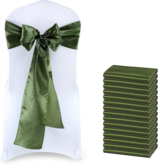 MDS Satin Chair Sashes, 25 Pack, 7”x108” Each, Decorative Chair Bows Ribbon Tie Backs for Wedding Party, Holiday Dinner, Birthday, Reception, Banquet, Hotel & Event Decoration - Olive Green