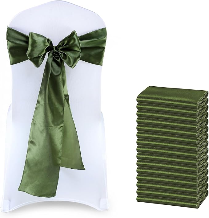 MDS Satin Chair Sashes, 150 Pack, 7”x108” Each, Decorative Chair Bows Ribbon Tie Backs for Wedding Party, Holiday Dinner, Birthday, Reception, Banquet, Hotel & Event Decoration - Olive Green
