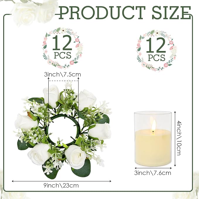 White Rose Candle Rings with Flameless Candles Sets - 24PCS Artificial Flower Eucalyptus Wedding Centerpiece 3 Inch Pillar Candleholders Wreaths for Wedding Party Decor (White - 12 Sets)