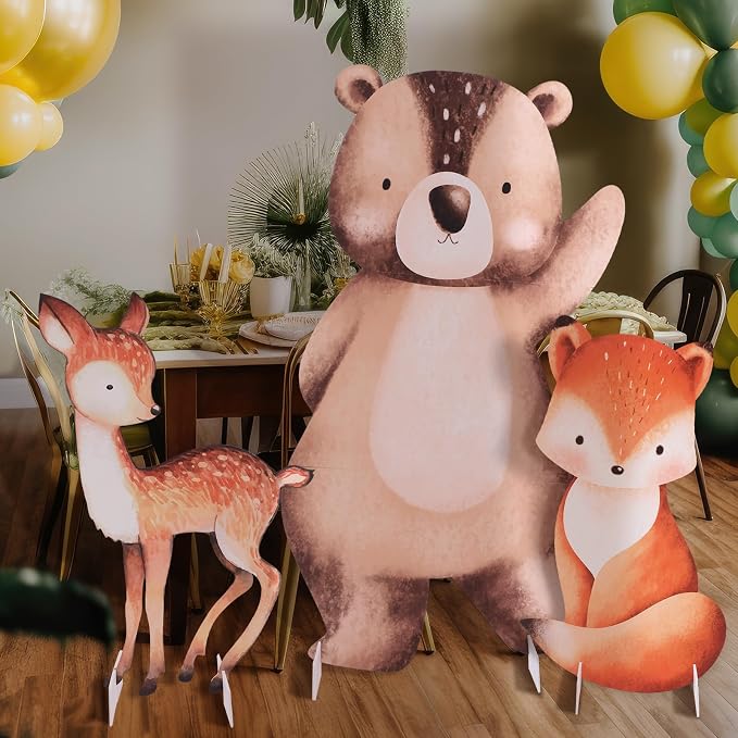 Leinuosen 3 Pcs Large Woodland Animals Baby Shower Decorations Set 23-35 Inch Woodland Party Stand Decoration Bear Fox Deer Cardboard Cutouts Forest Theme Photo Booth Prop for Nursery Birthday Party