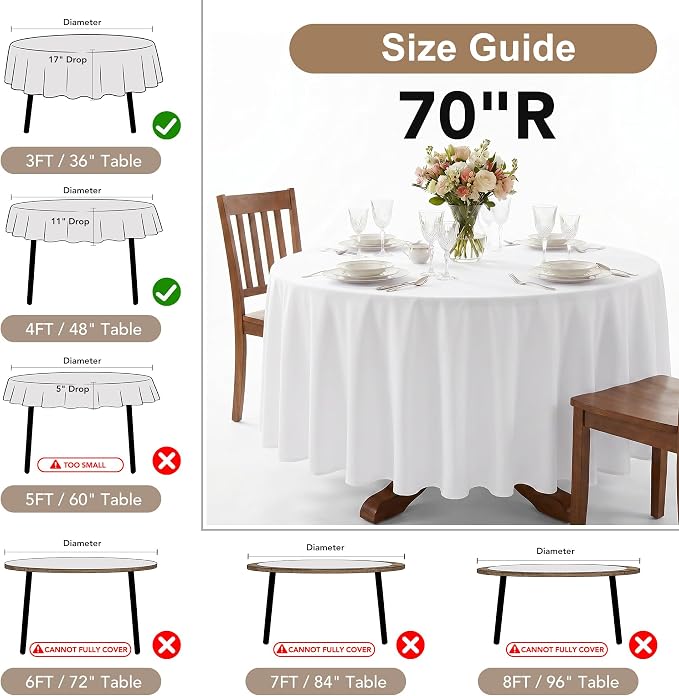 Fitable 6 Pack White Round Tablecloths - 70 Inches Round - Wrinkle and Stain Resistant Fabric Table Clothes, Washable Polyester Table Covers for Wedding, Party, Banquet, Formal Events