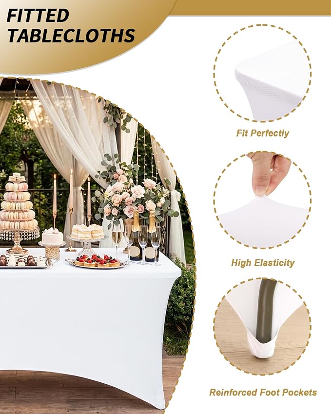Fixwal White Stretch Table Cloth Rectangle 8 Pack 6Ft, Spandex Fitted Table Covers Washable for Party, Trade Show, Banquet, Wedding, Buffet