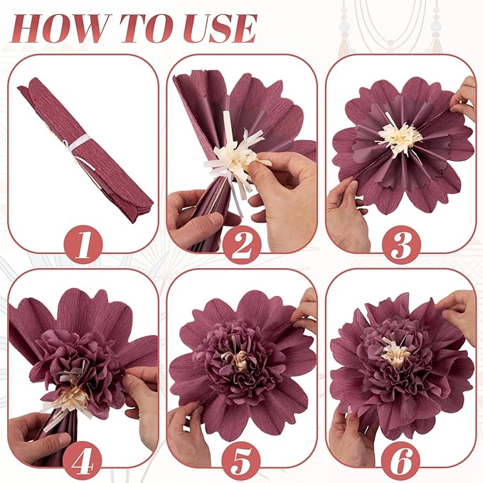 SUNBEAUTY 6 Pcs Large Boho Tissue Paper Flowers 12'' Giant Crepe Paper Flowers Decorations for Birthday Mexican Fiesta Spring Wedding Flower Backdrop Baby Bridal Shower Carnival Party Wall Decor