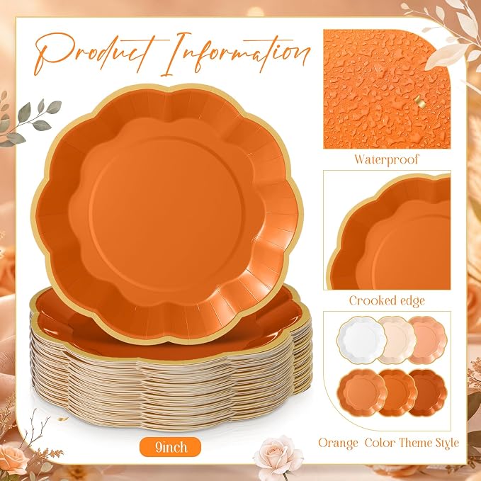 72 Pcs Beige-orange Peach Paper Plates 9 Inch Orange Gradient Scalloped Paper Disposable Dinner Dessert Plates for Birthday Wedding Bridal Baby Shower Party Supplies, 6 Colors