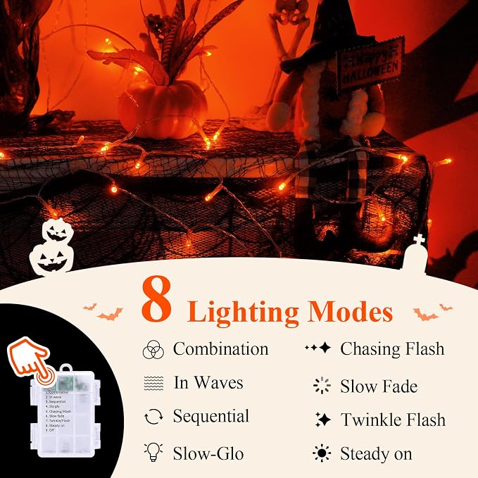 QITONG 2 Pack Orange Battery Operated Halloween Lights, Each 33ft 100 LED String Lights Outdoor Waterproof with Remote, Clear Wire Christmas Twinkle Lights with 8 Modes Indoor