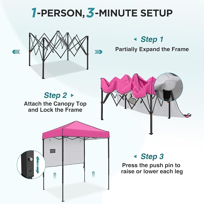 EAGLE PEAK 6x4 Instant Pop Up Canopy Tent with 1 Half Wall Panel, Straight Leg Sun Shelter, Portable Canopy with Carry Bag for Camping, Beach & Sports, Pink