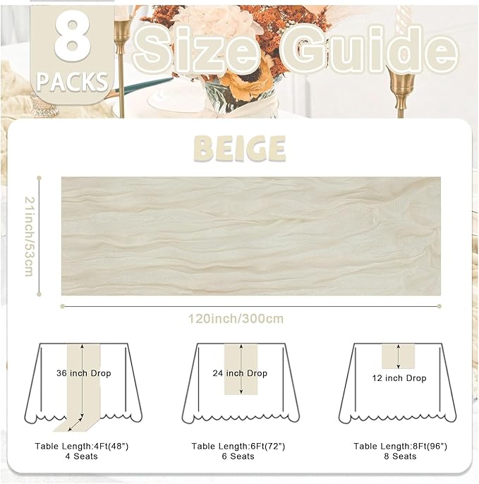 8 Pack Beige Cheesecloth Table Runner 21x120 Inch Gauze Table Runners Reusable Polyester 10ft Boho Rustic Cheese Cloth Table Runner for Wedding Party Baby Shower Birthday