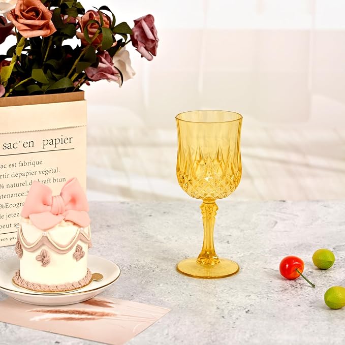 48Pack Gold Plastic Wine Glasses,Vintage Plastic Goblets for Parties, Light Gold Drinking Glasses Crystal Water Goblets Reusable for Wedding Reception, Grand Event Party Supplies