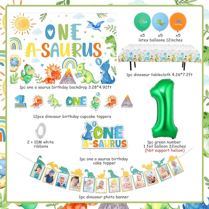 One a Saurus Birthday Decorations for Boys Dinosaur 1st Birthday Decoration with Dinosaur Birthday Photo Banner One a Saurus Birthday Backdrop, Cake Cupcake Toppers Dinosaur Bday Tablecloth