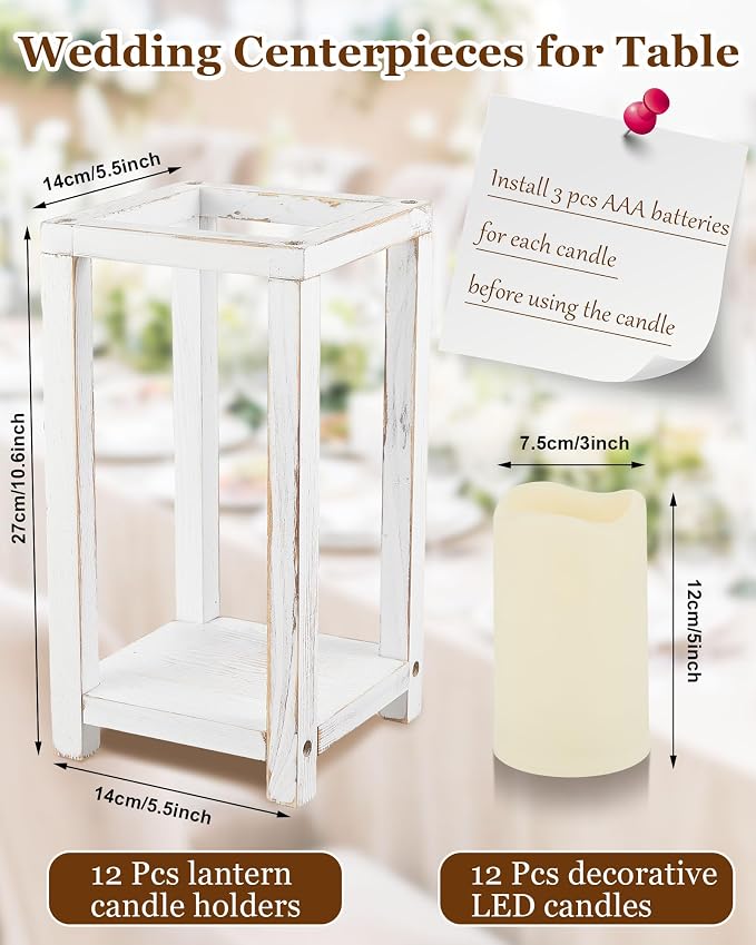 Huquary 24 Pcs/12 Set Wooden Wedding Lantern Centerpiece Rustic Lantern Candle Holders with Flameless LED Candles for Home Christmas Wedding Party Table Decoration(White)