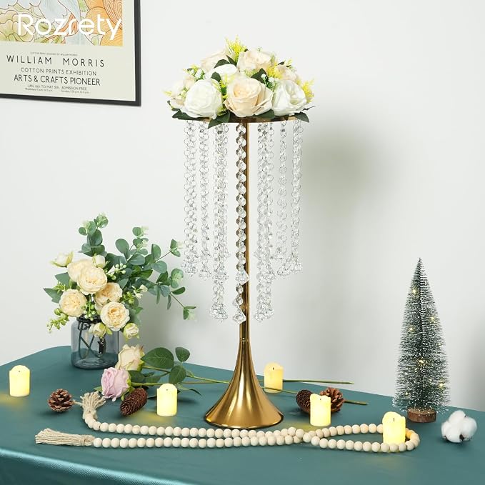 4 Pcs Gold Centerpieces for Table, Rozrety Wedding Centerpiece Vases for Tables 22inch Tall Metal Crystal Flower Stand for Party Event Wedding Anniversary Dinner Home Decorations | Rust-Resistant Metal with Crystal Drops, Versatile Style, Easy Assembly...