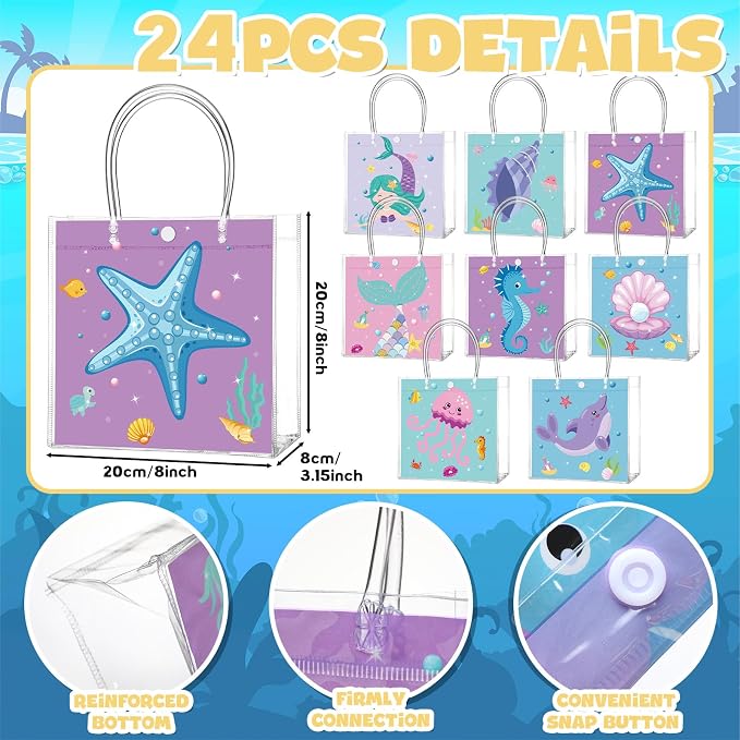 Teenyyou 24 Pcs Mermaid Clear Gift Bags with Handles Under the Sea Party Favor Goodie Candy Treat Tote Gift Bags for Ocean Theme Birthday Party Supplies
