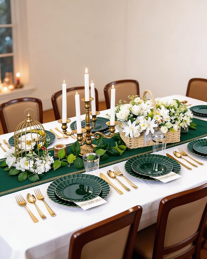 YOUBET 175PCS Green Scalloped Plastic Plates - Green and Gold Disposable Dinnerware Set Include 50 Plates, 75 Gold Silverware, 25 Cups, 25 Napkins for Party & Wedding