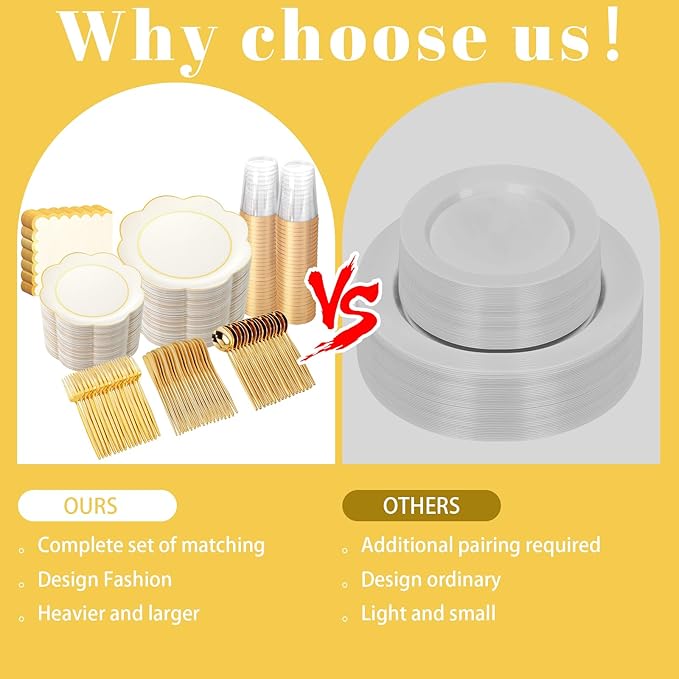 WONDERFUL 350PCS Ivory Plastic Plates for Party Plates Disposable Heavy Duty Ivory Gold Plastic Dinnerware Set for 50 Guests - 100 Disposable Plate,150 Silverware,50 Cup,50 Wedding Napkins for Wedding