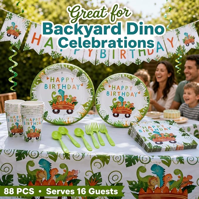 Dinosaur Birthday Decorations Party Supplies Kit, 88 PCS Dino Party Decorations Tableware Set Serves 16 with Plates Cups Napkins Cutlery Tablecloth Banner Hanging Swirls for Prehistoric Theme