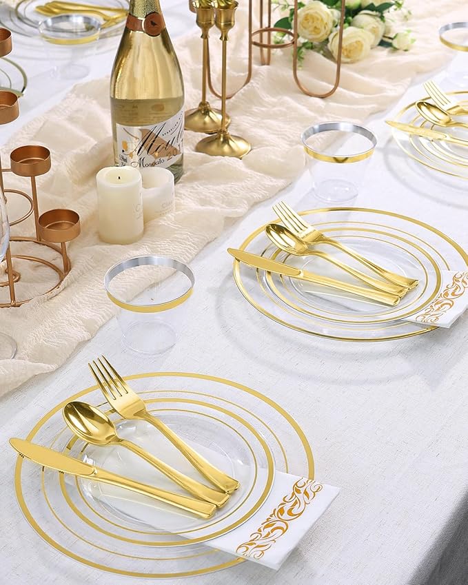Goodluck 700 Pieces Clear Gold Dinnerware Set for 100 Guests, Disposable for Party, Include: 100 Gold Rim Dinner Plates, 100 Dessert Plates, 100 Paper Napkins, 100 Cups, 100 Plastic Silverware Set