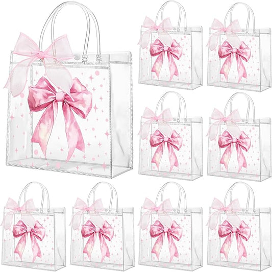 Wesnoy 24 Pcs Pink Bow Clear PVC Gift Bags with Handles Coquette Bowknot Party Favor Candy Treat Tote Bags for Birthday Wedding Party