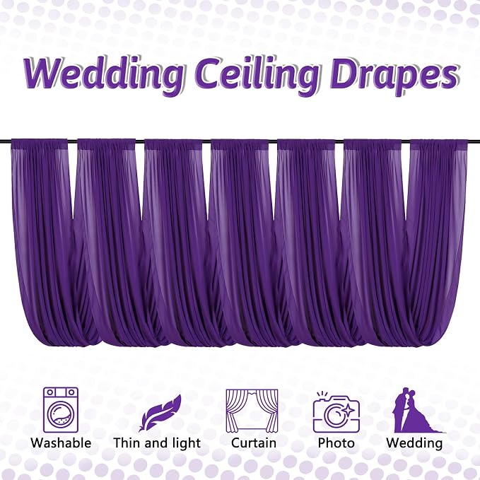 DUOBAO Chiffon Ceiling Drapes 20ft Purple Wedding Backdrops Sheer Curtains for Reception Wedding Ceremony Sheer Arch Fabric Perfect for Tent, Banquet Hall, and Event Party Supplies - 6 Panels 5x20ft