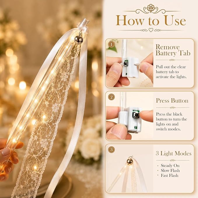 120 PCS Light Up Wands for Wedding, Warm White LED Wedding Send Off with Ribbons and Bells, 3 Light Modes Fairy Ribbon Wands, Reception Props for Ceremony Exit, Party Favor