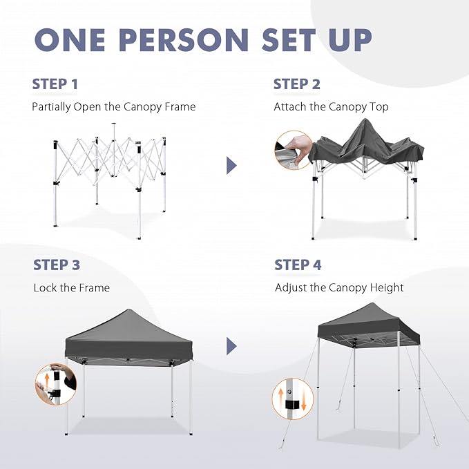 5x5 Pop Up Canopy Tent, Instant Portable Beach Canopy, Outdoor Tent with Carry Bag for Camping, Sports, Tailgating, Events, Gray
