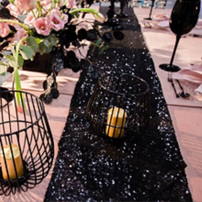 JYFLZQ Black Sequin Table Runner 12" x 72" Pack of 5 Sparkly Black Glitter Sequin Fabric Table Linens - Sparkly Runners for Wedding & Birthday Party Decor