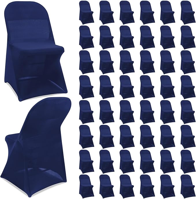 Newwiee 50 Pcs Spandex Chair Covers Bulk - Stretch Folding Flat Front Fitted Universal Chair Protector Pack Removable Washable for Wedding Party Dining Banquet Event (Navy Blue)
