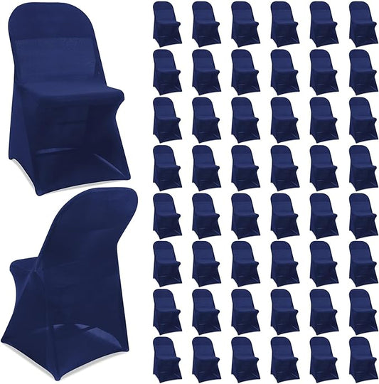 Newwiee 50 Pcs Spandex Chair Covers Bulk - Stretch Folding Flat Front Fitted Universal Chair Protector Pack Removable Washable for Wedding Party Dining Banquet Event (Navy Blue)