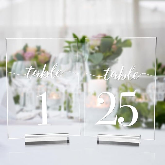 JINMURY Clear Wedding Table Numbers 1-25 with Stands, 5x7 Inch Clear Acrylic Printed Calligraphy Font, Acrylic Table Numbers with Holder for Wedding Party Reception