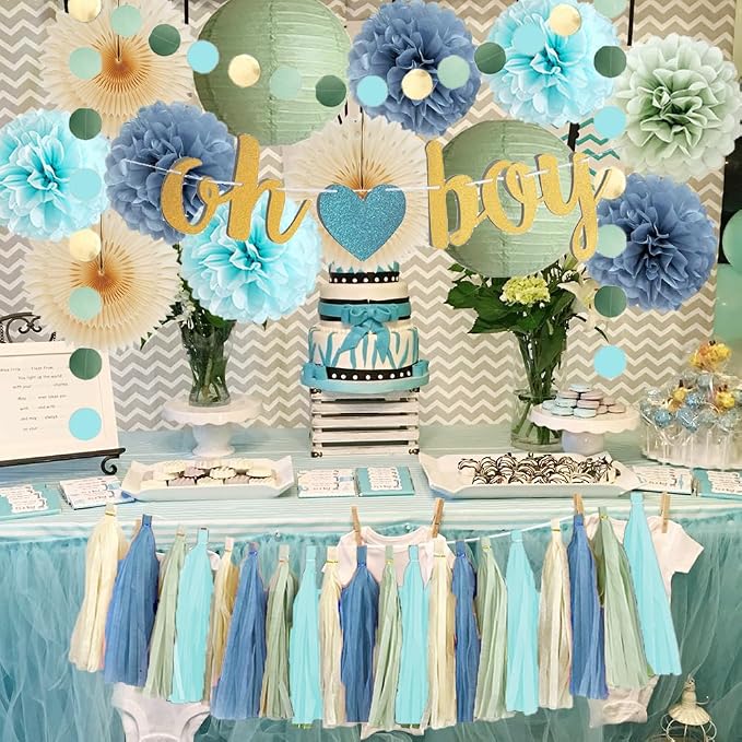 Dusty Blue and Sage Green Baby Shower Decorations Oh Boy Sage Green and Blue Baby Shower Decorations Light Beige Tissue Paper Pom Poms Fans Cream Tassel Garland Kit with Oh Boy Banner Gold