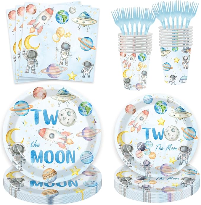 100 Pcs Outer Space 2nd Birthday Party Supplies - Space Two the Moon Plates Napkins Forks Paper Cups Tableware Kit for Space Galaxy Astronaut Theme Boys 2nd Birthday Decorations(20 guests)