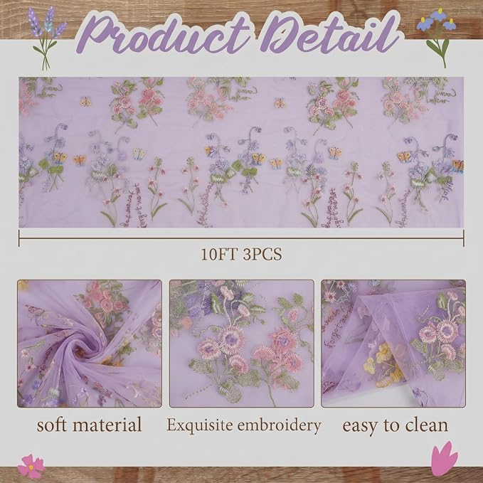 Purple Floral Table Runner 10ft Embroidery Tulle Spring Wildflower Gauze Table Runner Seasonal Summer Butterfly Kitchen Dining Decoration for Wedding Baby Shower Birthday Party (3 Pcs)