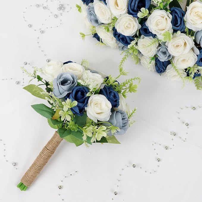Set of 6 Bridesmaid Bouquets for Wedding - 7 Inch Artificial Flower Bouquet for Party Ceremony Anniversary Dinning Table Centerpieces Decor -Navy Blue & Dusty Blue & White